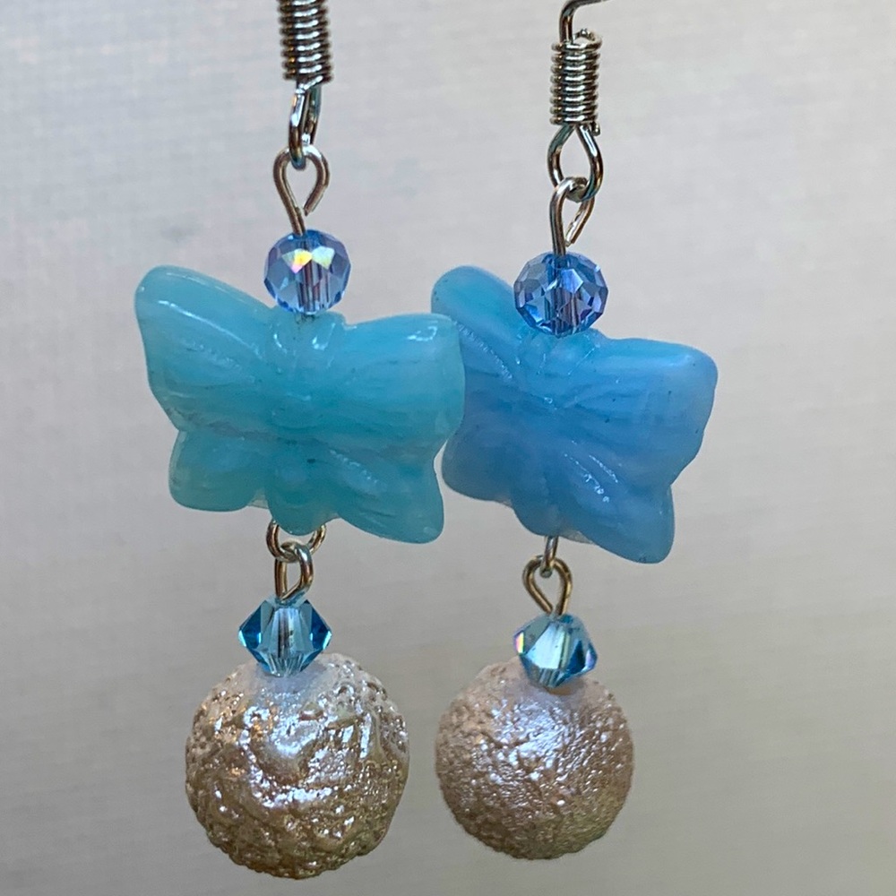 Handmade glass butterfly with mink glass and Swarovski Crystal earrings